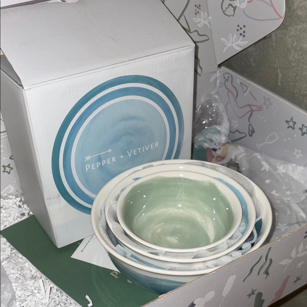 Pepper + Vetiver Ceramic Bowl Set - Blue and Green - NIB